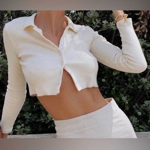 Princess Polly cream button down collared crop shirt